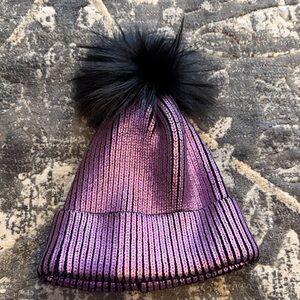 Adrienne Landau Iridescent Purple Knit Pom Beanie with Black Faux-Fur Pom